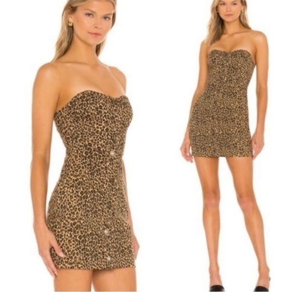 NWOT Superdown Denim Leopard Button Up Strapless Dress Medium - Picture 1 of 4